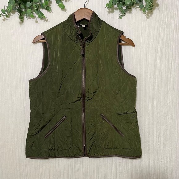 Talbots Jackets & Blazers - Talbots Vest Olive Green Quilted Faux Leather Trim Medium Petite